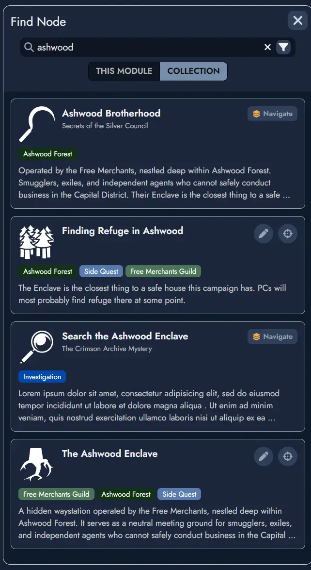 Screenshot of the cross-module search scope toggle