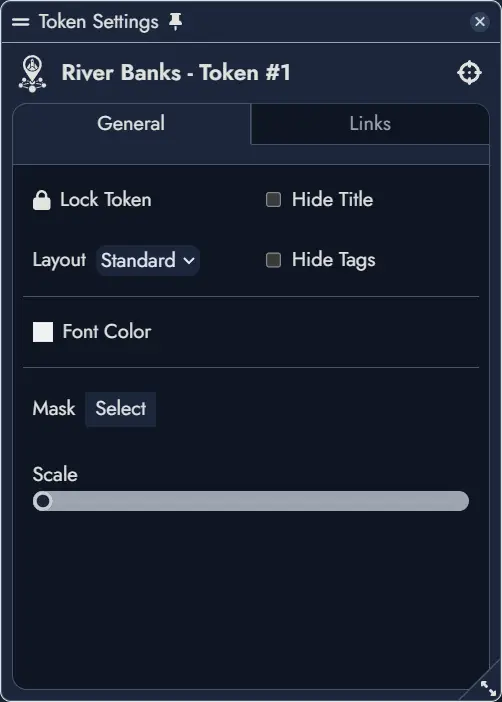 Token Settings Window of a Node - General Tab