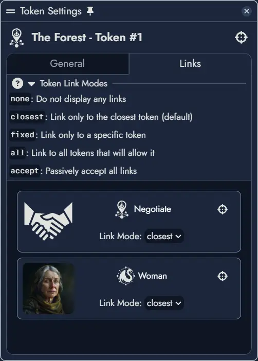 Token Settings Window of a Node - Links Tab